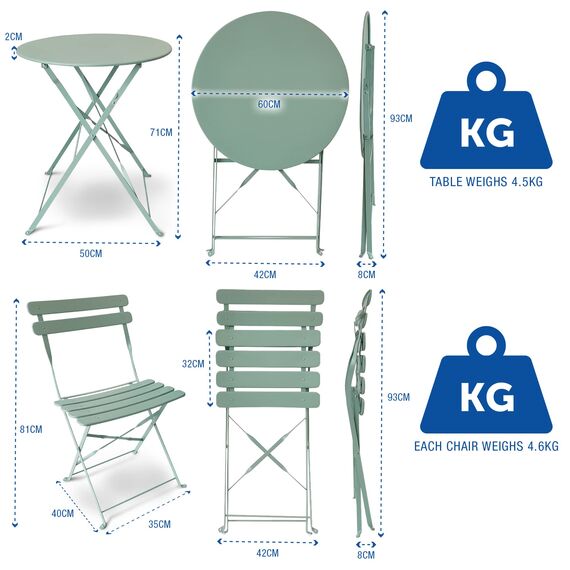 SUNMER Patio Bistro Set 3-teilig mit klappbarem Tisch und Stühlen - Gestell aus pulverbeschichtetem Stahl, leicht zu transportieren, jeder Stuhl kann 120 kg tragen - ideal für Gärten, Terrassen,