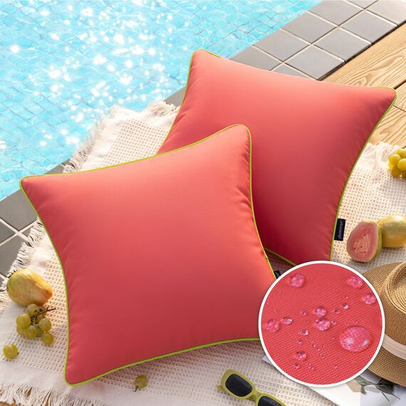 Phantoscope Wasserdichte Outdoor-Kissenbezüge mit Kontrastpaspel, dekorative quadratische Kissenhüllen für Terrasse, Sofa, Zelt, Sunbrella, Rosarot, 50 x 50 cm, 2er-Pack
