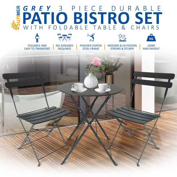 SUNMER Patio Bistro Set 3-teilig mit klappbarem Tisch und Stühlen - Gestell aus pulverbeschichtetem Stahl, leicht zu transportieren, jeder Stuhl kann 120 kg tragen - ideal für Garten, Terrasse, Balkon