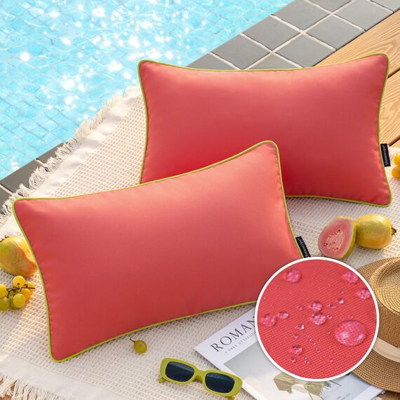 Phantoscope Wasserdichte Outdoor-Kissenbezüge mit Kontrastpaspel, dekorative quadratische Kissenhüllen für Terrasse, Sofa, Zelt, Sunbrella, Rosarot, 30 x 50 cm, 2er-Pack