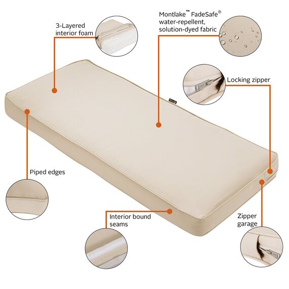 CLASSIC ACCESSORIES Montlake wasserabweisendes Outdoor-Bank-/Sofa-Kissen, Sitzkissen für Gartenmöbel oder Schaukel, 150 x 46 x 7,5 cm, Antikbeige