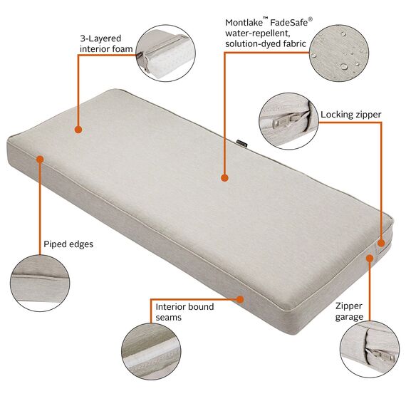 Classic Accessories Montlake Wasserabweisendes Outdoor-Bankkissen, Terrassenmöbel, Schaukelkissen, 150 x 45 x 7,6 cm, Grau meliert