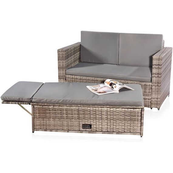 Melko Gartenset Polyrattan Lounge Sofa-Garnitur aus Holz in Grau mit klappbarer Fußbank & Stauraum, Tisch inklusive Kissen