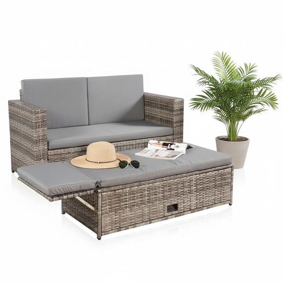 Melko Gartenset Polyrattan Lounge Sofa-Garnitur aus Holz in Grau mit klappbarer Fußbank & Stauraum, Tisch inklusive Kissen