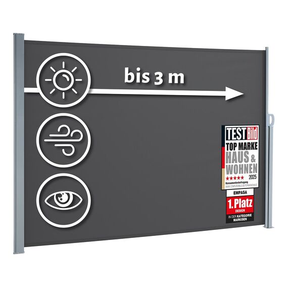 empasa Seitenmarkise Start 2.0 Sichtschutz Sonnenschutz Windschutz Markise ausziehbar für Garten, Balkon und Terrasse, mit Standfuß, Farbe:anthrazit, Größe:200 x 300
