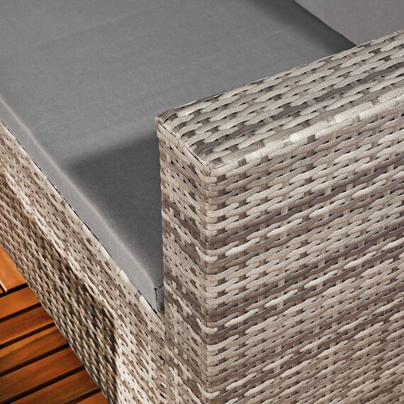 Melko Gartenset Polyrattan Lounge Sofa-Garnitur aus Holz in Grau mit klappbarer Fußbank & Stauraum, Tisch inklusive Kissen