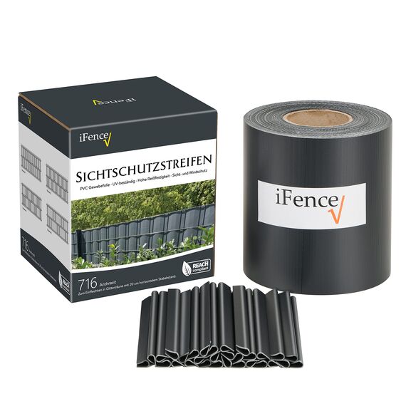 iFence Sichtschutzstreifen 50 Meter x 19 cm inkl. 30 Clips - diverse Farben (50 m, Anthrazit)