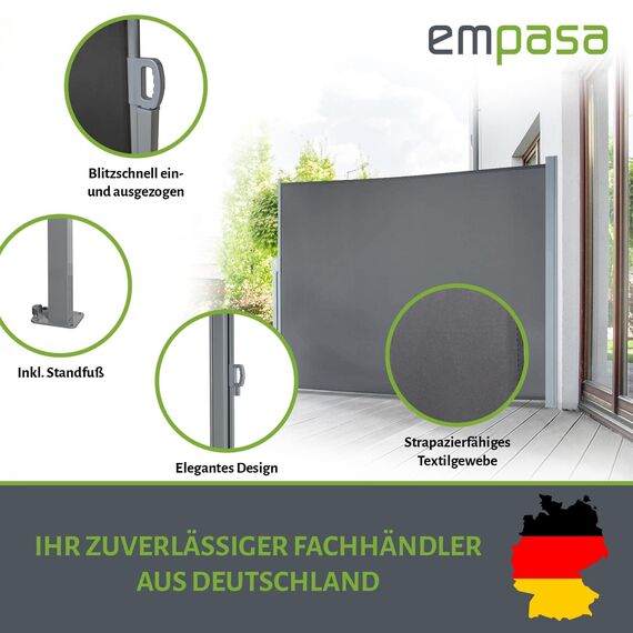 empasa Seitenmarkise Start 2.0 Sichtschutz Sonnenschutz Windschutz Markise ausziehbar für Garten, Balkon und Terrasse, mit Standfuß, Farbe:cremeweiß, Größe:180 x 450