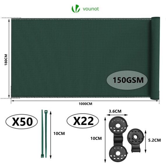 VOUNOT® Zaunblende 1.8×10m, Sichtschutz Zaun 150 g/m² HDPE Schattiernetz, Windschutz UV-resistent Reißfest, 85% Beschattungsgrad, mit Löcher und Kabelbinder, Grün