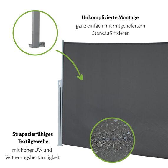 empasa Seitenmarkise Start 2.0 Sichtschutz Sonnenschutz Windschutz Markise ausziehbar für Garten, Balkon und Terrasse, mit Standfuß, Farbe:cremeweiß, Größe:180 x 450