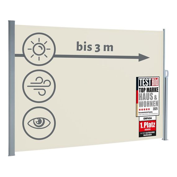 empasa Seitenmarkise Start 2.0 Sichtschutz Sonnenschutz Windschutz Markise ausziehbar für Garten, Balkon und Terrasse, mit Standfuß, Farbe:cremeweiß, Größe:200 x 300