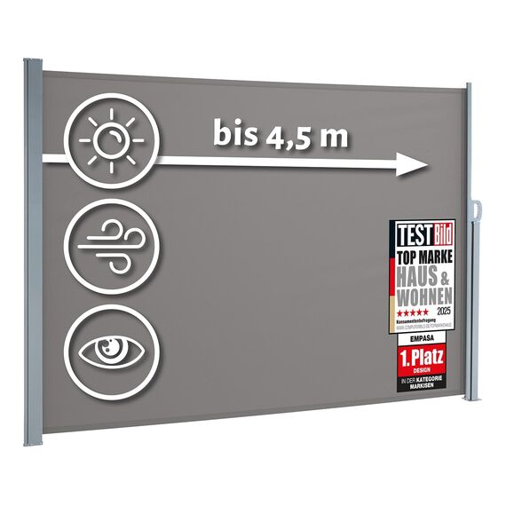 empasa Seitenmarkise Start 2.0 Sichtschutz Sonnenschutz Windschutz Markise ausziehbar für Garten, Balkon und Terrasse, mit Standfuß, Farbe:grau, Größe:160 x 450