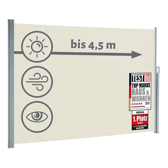 empasa Seitenmarkise Start 2.0 Sichtschutz Sonnenschutz Windschutz Markise ausziehbar für Garten, Balkon und Terrasse, mit Standfuß, Farbe:cremeweiß, Größe:180 x 450