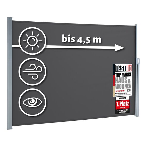 empasa Seitenmarkise Start 2.0 Sichtschutz Sonnenschutz Windschutz Markise ausziehbar für Garten, Balkon und Terrasse, mit Standfuß, Farbe:anthrazit, Größe:160 x 450