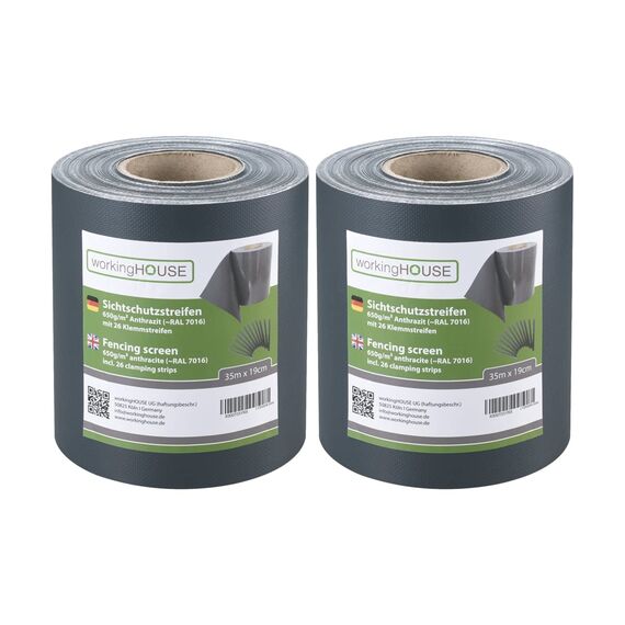 WORKINGHOUSE PVC Sichtschutzstreifen 650g/m² Premium für Doppelstabmatten Zaun – 2er Spar-Set (70m Gesamtlänge), Anthrazit RAL 7016 | Wind- & Blickschutz, wetterfest, inkl. Clips