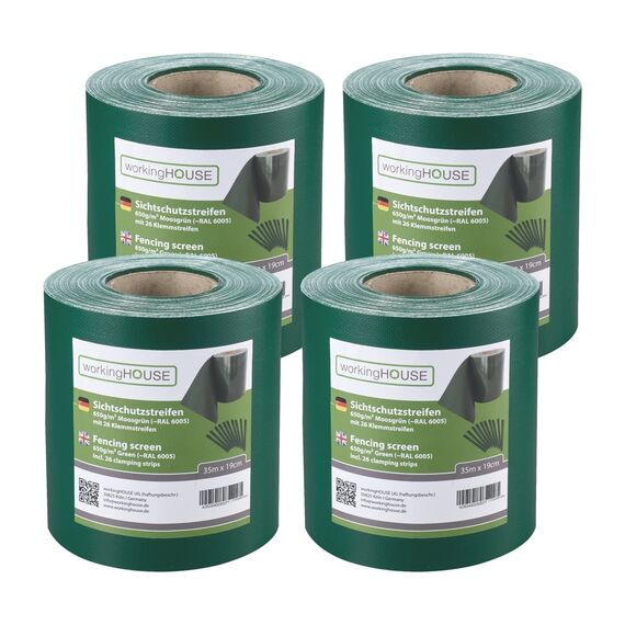 workingHOUSE PVC Sichtschutzstreifen 650g/m² Premium für Doppelstabmatten Zaun – 4er Spar-Set (140m Gesamtlänge), Grün RAL 6005 | Wind- & Blickschutz, wetterfest, inkl. Clips