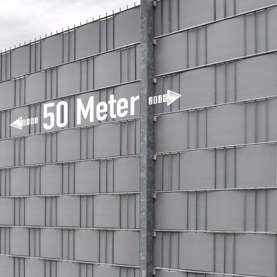 MERCEO Stabmattenzaun-Sichtschutzstreifen, PVC-Folie in Grau/Fenstergrau, 19 cm hoch, 50 m lang, inkl. 40 Befestigungsclips, Zubehör zur Verkleidung von Doppelstabmattenzäunen und Einzelstabmattenzäun