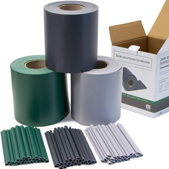 MERCEO Stabmattenzaun-Sichtschutzstreifen, PVC-Folie in Grau/Fenstergrau, 19 cm hoch, 50 m lang, inkl. 40 Befestigungsclips, Zubehör zur Verkleidung von Doppelstabmattenzäunen und Einzelstabmattenzäun
