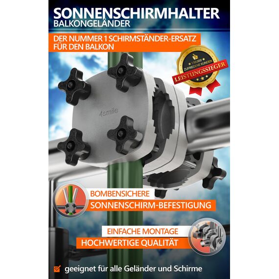 4smile Sonnenschirmhalter Balkongeländer SunnyGuy, Anthrazit - Bombensichere, universelle Sonnenschirm Halterung Balkon - Kompakte Schirmhalterung Balkongeländer ersetzt Sonnenschirmständer Balkon