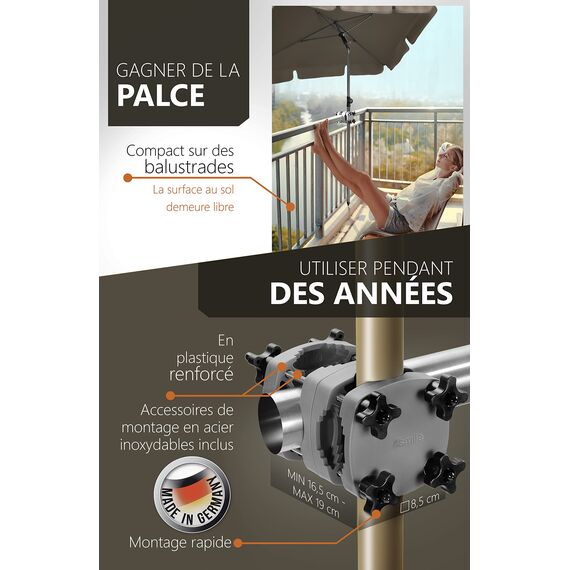 4smile Sonnenschirmhalter Balkongeländer SunnyGuy, Anthrazit - Bombensichere, universelle Sonnenschirm Halterung Balkon - Kompakte Schirmhalterung Balkongeländer ersetzt Sonnenschirmständer Balkon