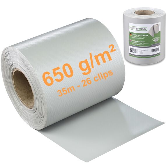 WORKINGHOUSE PVC Sichtschutzstreifen 650g/m² Premium für Doppelstabmatten Zaun – 35m Rolle, Hellgrau RAL 7040 | Wind- & Blickschutz, wetterfest, inkl. Clips
