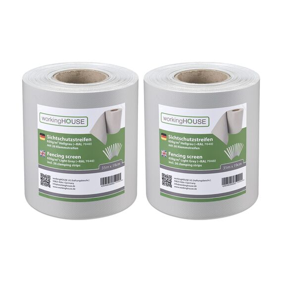 workingHOUSE PVC Sichtschutzstreifen 650g/m² Premium für Doppelstabmatten Zaun – 2er Spar-Set (70m Gesamtlänge), Hellgrau RAL 7040 | Wind- & Blickschutz, wetterfest, inkl. Clips
