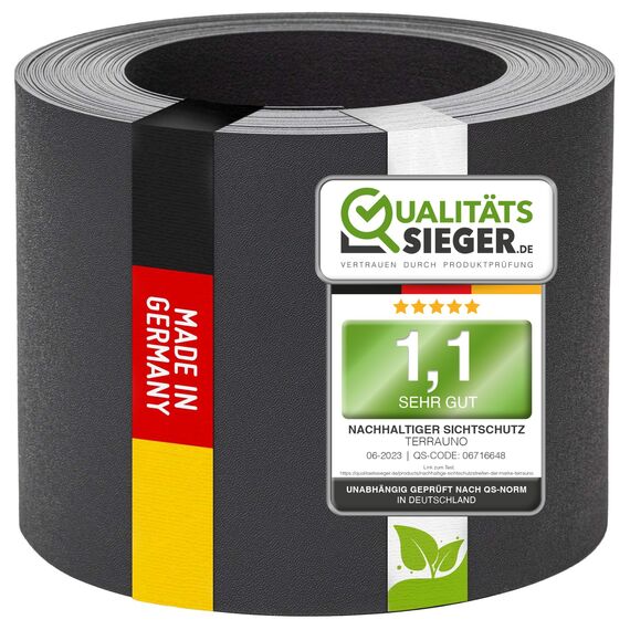 TerraUno Nachhaltige Sichtschutzstreifen für Doppelstabmatten, Polypropylen, Made in Germany, RAL 7016 Anthrazit, 26m x19cm Rolle, extra stabil, Lederoptik, Zaun Sichtschutz mit UV-Beständigkeit