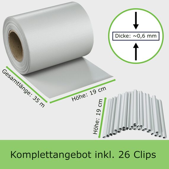 WORKINGHOUSE PVC Sichtschutzstreifen 650g/m² Premium für Doppelstabmatten Zaun – 35m Rolle, Hellgrau RAL 7040 | Wind- & Blickschutz, wetterfest, inkl. Clips