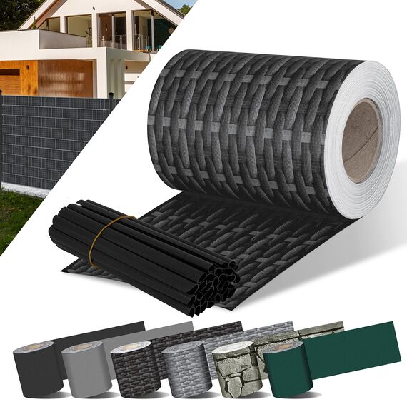 KESSER® PVC Sichtschutzstreifen Sichtschutz Rolle Doppelstabmatten Zaun Blickdicht 35m x 19 cm | 30 Befestigungsclips | Wetterfest Windschutz | Zaunfolie Sichtschutz Garten Gartenzaun Rattan-Anthrazit
