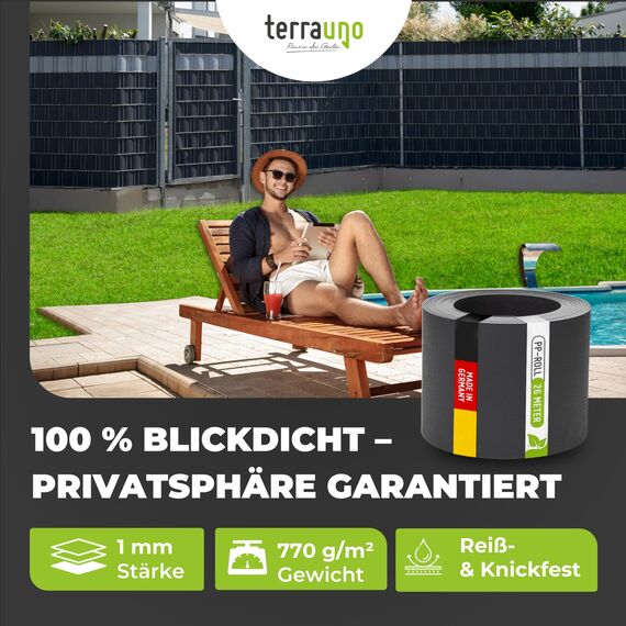 TerraUno Nachhaltige Sichtschutzstreifen für Doppelstabmatten, Polypropylen, Made in Germany, RAL 7016 Anthrazit, 26m x19cm Rolle, extra stabil, Lederoptik, Zaun Sichtschutz mit UV-Beständigkeit
