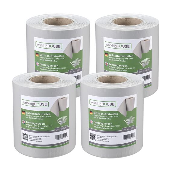 workingHOUSE PVC Sichtschutzstreifen 650g/m² Premium für Doppelstabmatten Zaun – 4er Spar-Set (140m Gesamtlänge), Hellgrau RAL 7040 | Wind- & Blickschutz, wetterfest, inkl. Clips
