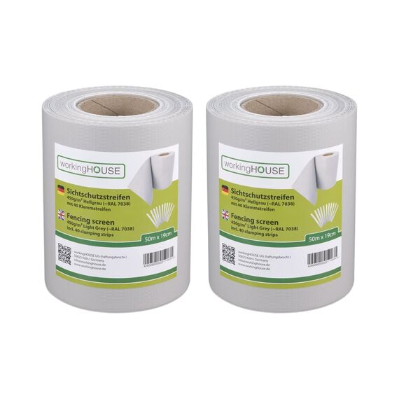 WORKINGHOUSE PVC Sichtschutzstreifen 450g/m² Standard für Doppelstabmatten Zaun – 2er Spar-Set (100m Gesamtlänge), Hellgrün RAL 7038 | Wind- & Blickschutz, wetterfest, inkl. Clips