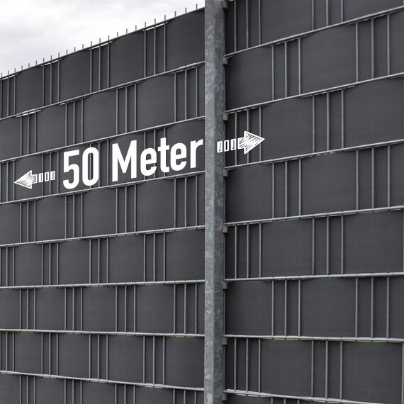 Stabmattenzaun Sichtschutz-Streifen, PVC Folie in Anthrazit, 19cm hoch, 50m lang, inkl. 40 Befestigungs-Clips. Zubehör zum Verkleiden von Doppelstabmattenzäunen und Einzelstabmattenzäunen