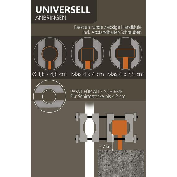 4smile Extra Langer Passend für Nicht standardisierte Balkone Sonnenschirmhalter Balkongeländer – & universeller Schirmhalter SunnyGuy (Anthrazit) – Stabiler Allrounder für alle Balkonschirme