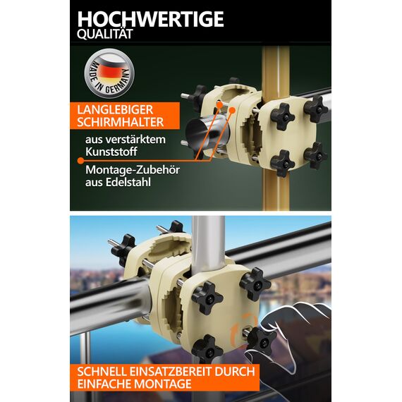 4smile Sonnenschirmhalter Balkongeländer SunnyGuy, Sandbraun - Bombensichere, universelle Sonnenschirm Halterung Balkon - Kompakte Schirmhalterung Balkongeländer ersetzt Sonnenschirmständer Balkon