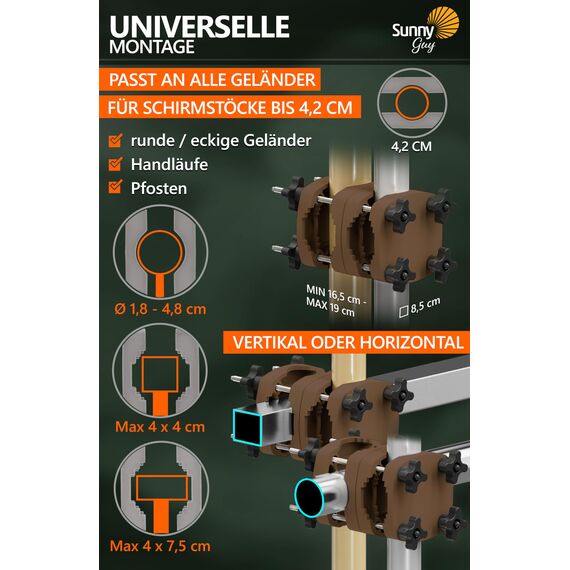 4smile Sonnenschirmhalter Balkongeländer SunnyGuy, Taupe - Bombensichere, universelle Sonnenschirm Halterung Balkon - Kompakte Schirmhalterung Balkongeländer ersetzt Sonnenschirmständer Balkon