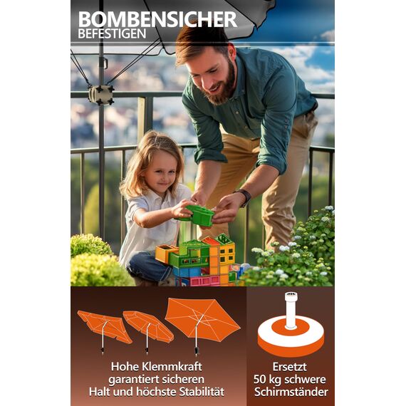 4smile Sonnenschirmhalter Balkongeländer SunnyGuy + Windsicherung für Sonnenschirme - Schirmhalterung Balkongeländer als Sonnenschirmständer Balkon - Sonnenschirm Halterung Balkon, Schwarz