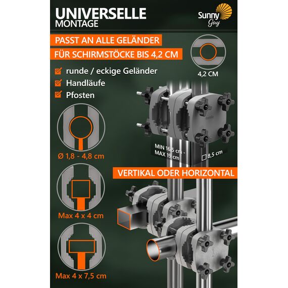 4smile Sonnenschirmhalter Balkongeländer SunnyGuy 2er Set, Anthrazit - Bombensichere, universelle Schirmständer Balkon - Kompakte Schirmhalterung Balkongeländer ersetzt Sonnenschirmständer