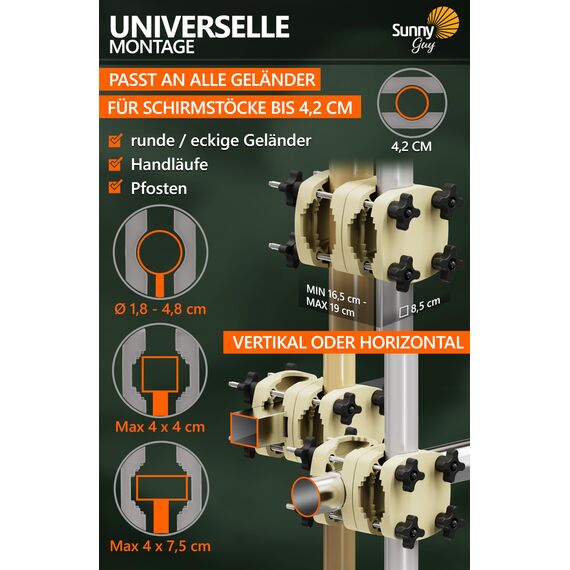 4smile Sonnenschirmhalter Balkongeländer SunnyGuy, Sandbraun - Bombensichere, universelle Sonnenschirm Halterung Balkon - Kompakte Schirmhalterung Balkongeländer ersetzt Sonnenschirmständer Balkon