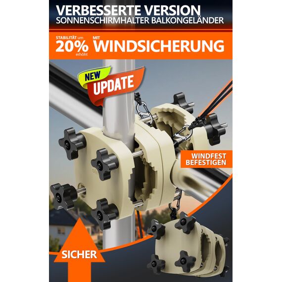 4smile Sonnenschirmhalter Balkongeländer SunnyGuy + Windsicherung für Sonnenschirme - Schirmhalterung Balkongeländer als Sonnenschirmständer Balkon - Sonnenschirm Halterung Balkon, Schwarz