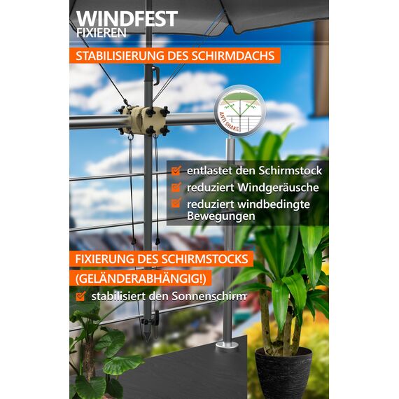 4smile Sonnenschirmhalter Balkongeländer SunnyGuy + Windsicherung für Sonnenschirme - Schirmhalterung Balkongeländer als Sonnenschirmständer Balkon - Sonnenschirm Halterung Balkon, Schwarz