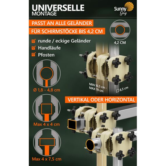 4smile Sonnenschirmhalter Balkongeländer SunnyGuy 2er Set, Sandbraun - Bombensichere, universelle Sonnenschirm Halterung Balkon - Kompakte Schirmhalterung Balkongeländer ersetzt Sonnenschirmständer