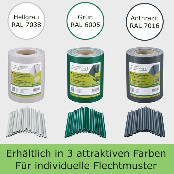 WORKINGHOUSE PVC Sichtschutzstreifen 450g/m² Standard für Doppelstabmatten Zaun – 50m Rolle, Grün RAL 6005 | Wind- & Blickschutz, wetterfest, inkl. Clips