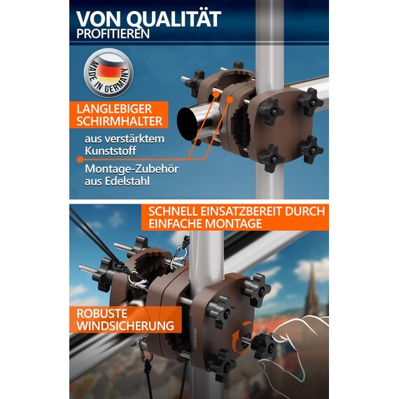 4smile 2 x Sonnenschirmhalter Balkongeländer SunnyGuy, Taupe + Windsicherung für Sonnenschirme - Schirmhalterung Balkongeländer als Sonnenschirmständer Balkon - Sonnenschirm Halterung Balkon