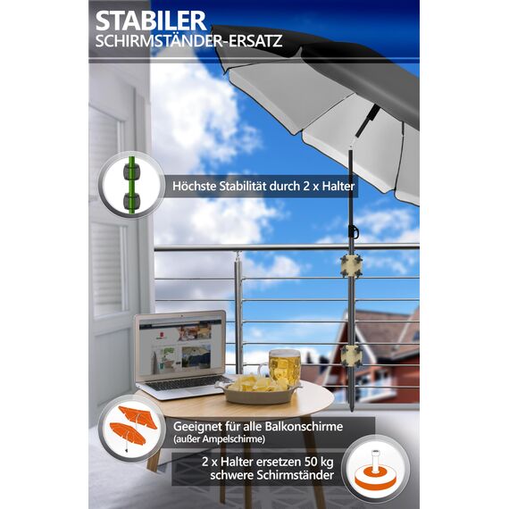 4smile Sonnenschirmhalter Balkongeländer SunnyGuy 2er Set, Sandbraun - Bombensichere, universelle Sonnenschirm Halterung Balkon - Kompakte Schirmhalterung Balkongeländer ersetzt Sonnenschirmständer