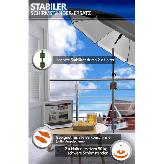 4smile Sonnenschirmhalter Balkongeländer SunnyGuy 2er Set, Taupe - Bombensichere, universelle Sonnenschirm Halterung Balkon - Kompakte Schirmhalterung Balkongeländer ersetzt Sonnenschirmständer