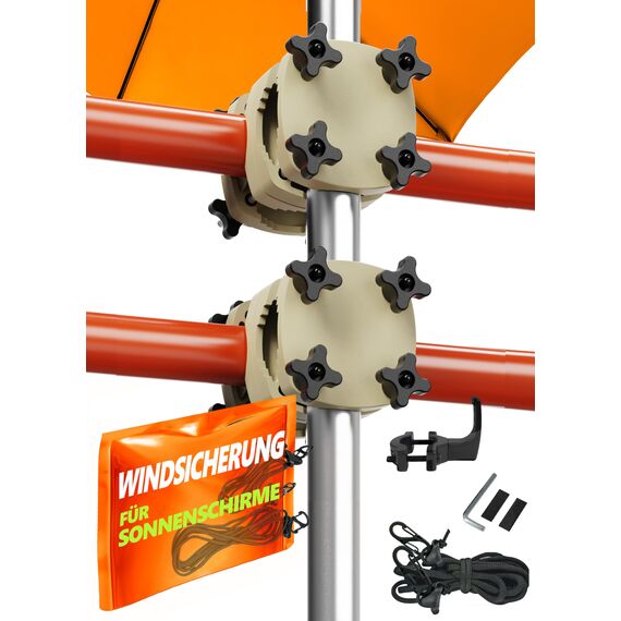 4smile 2 x Sonnenschirmhalter Balkongeländer SunnyGuy, Sandbraun + Windsicherung für Sonnenschirme - Schirmhalterung Balkongeländer als Sonnenschirmständer Balkon - Sonnenschirm Halterung Balkon