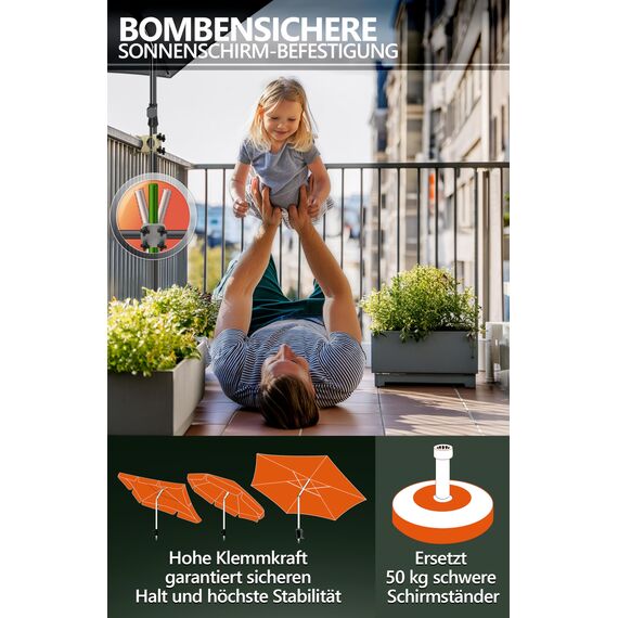 4smile Sonnenschirmhalter Balkongeländer SunnyGuy, Sandbraun - Bombensichere, universelle Sonnenschirm Halterung Balkon - Kompakte Schirmhalterung Balkongeländer ersetzt Sonnenschirmständer Balkon