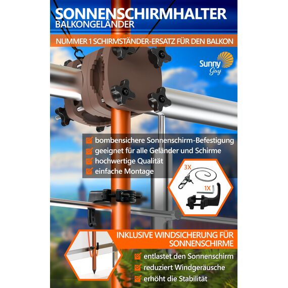 4smile Sonnenschirmhalter Balkongeländer SunnyGuy + Windsicherung für Sonnenschirme - Schirmhalterung Balkongeländer als Sonnenschirmständer Balkon - Sonnenschirm Halterung Balkon, Taupe