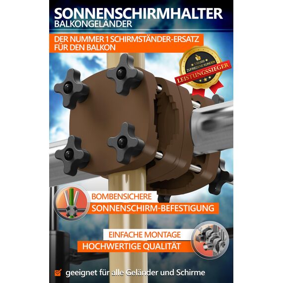4smile Sonnenschirmhalter Balkongeländer SunnyGuy, Taupe - Bombensichere, universelle Sonnenschirm Halterung Balkon - Kompakte Schirmhalterung Balkongeländer ersetzt Sonnenschirmständer Balkon